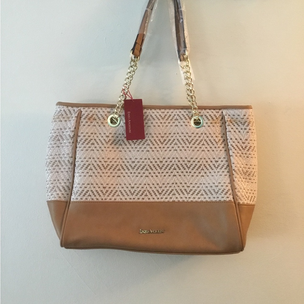 Enzo Angiolini Woven Cream and Tan Shoulder Tote Bag with Chain Straps